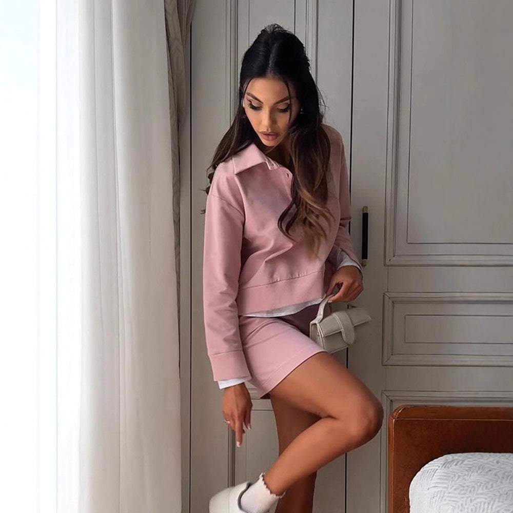 Damen Lässiges Zweiteiliges Sweatset mit Hemdkragen, Cropped‑Pullover und High‑Waist Bike‑Shorts Shop Nory