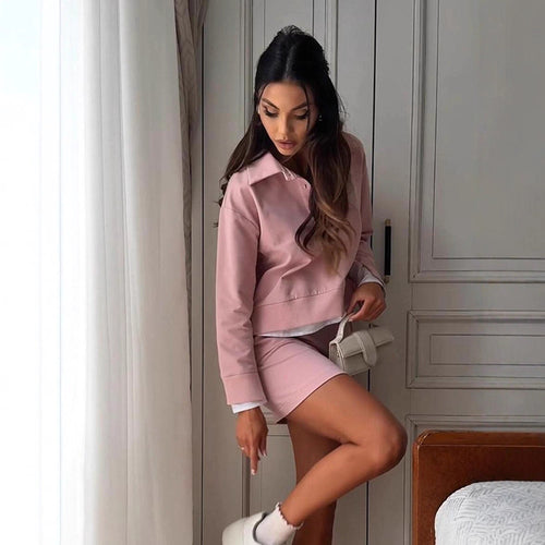 Damen Lässiges Zweiteiliges Sweatset mit Hemdkragen, Cropped‑Pullover und High‑Waist Bike‑Shorts Shop Nory