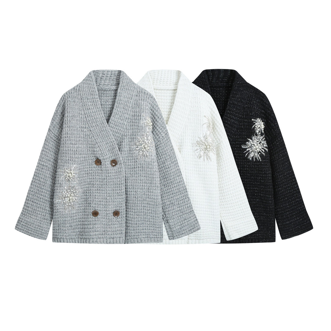 Damen Grobgestrickter Double-Breasted Cardigan-Mantel mit Schalkragen und Perlen‑Pailletten-Applikation Shop Nory