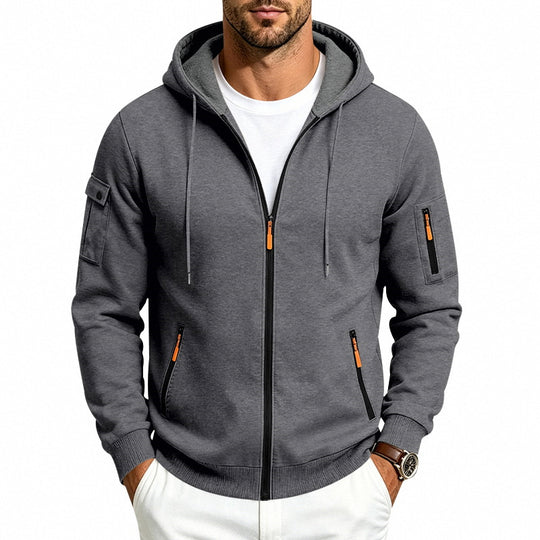 Herren Kapuzen-Reißverschlussjacke mit Ärmeltaschen, Kontrast-Zipper und Rippbündchen Shop Nory