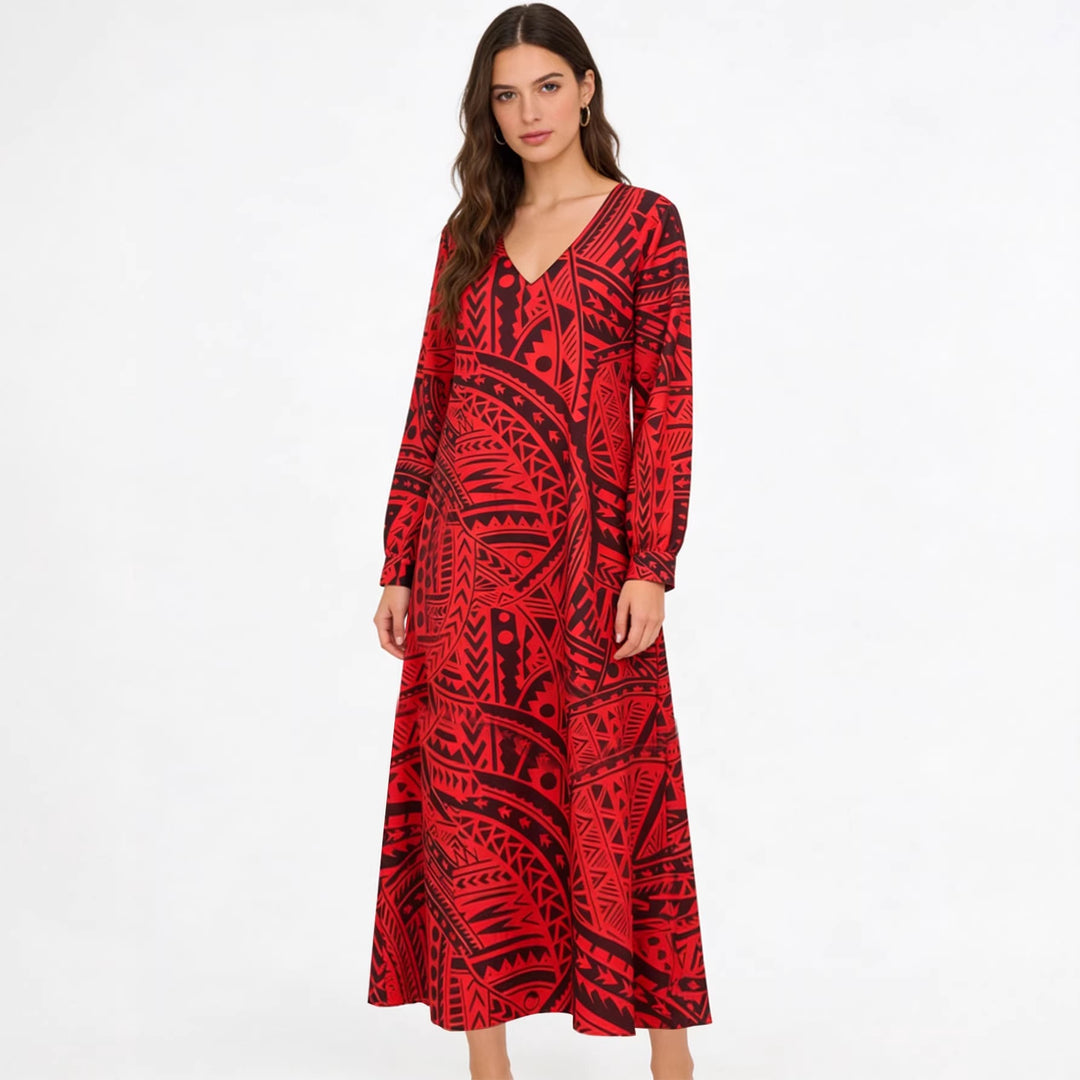 Damen Fließendes Maxikleid mit V-Ausschnitt, allover-geometrischem Print und weiter A-Linie Shop Nory