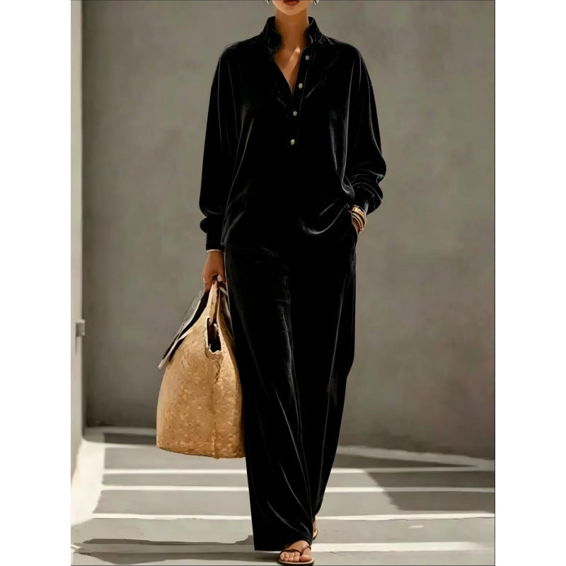 Damen Velours-Loungewear-Set mit Stehkragen-Henleytop und weiter Palazzohose Shop Nory