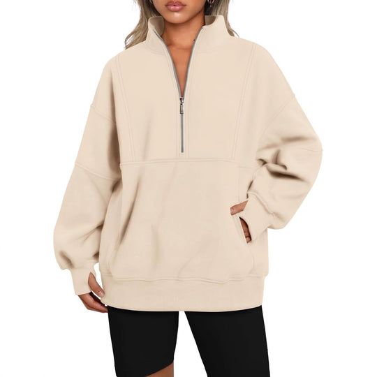 Damen Oversize-Sweatshirt mit halbem Reißverschluss, Stehkragen und Kängurutasche Shop Nory