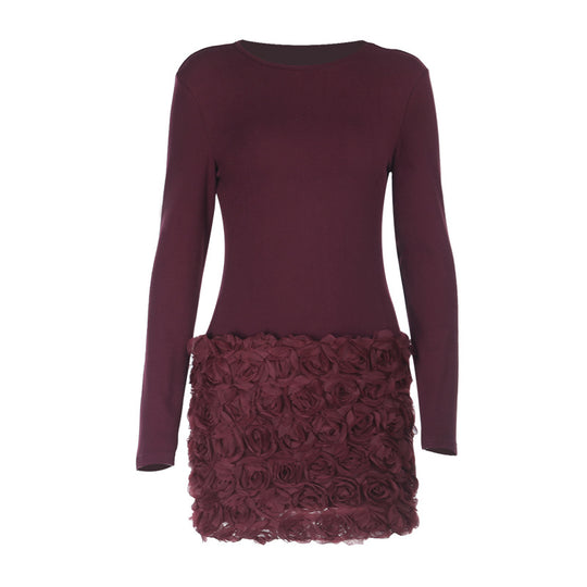 Damen figurbetontes Langarm-Minikleid mit 3D-Rosenapplikation Shop Nory