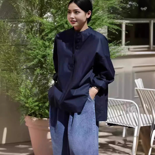 Damen Boxy-Hemd mit kurzem Stehkragen, überschnittener Schulter und verlängertem Rückenteil Shop Nory