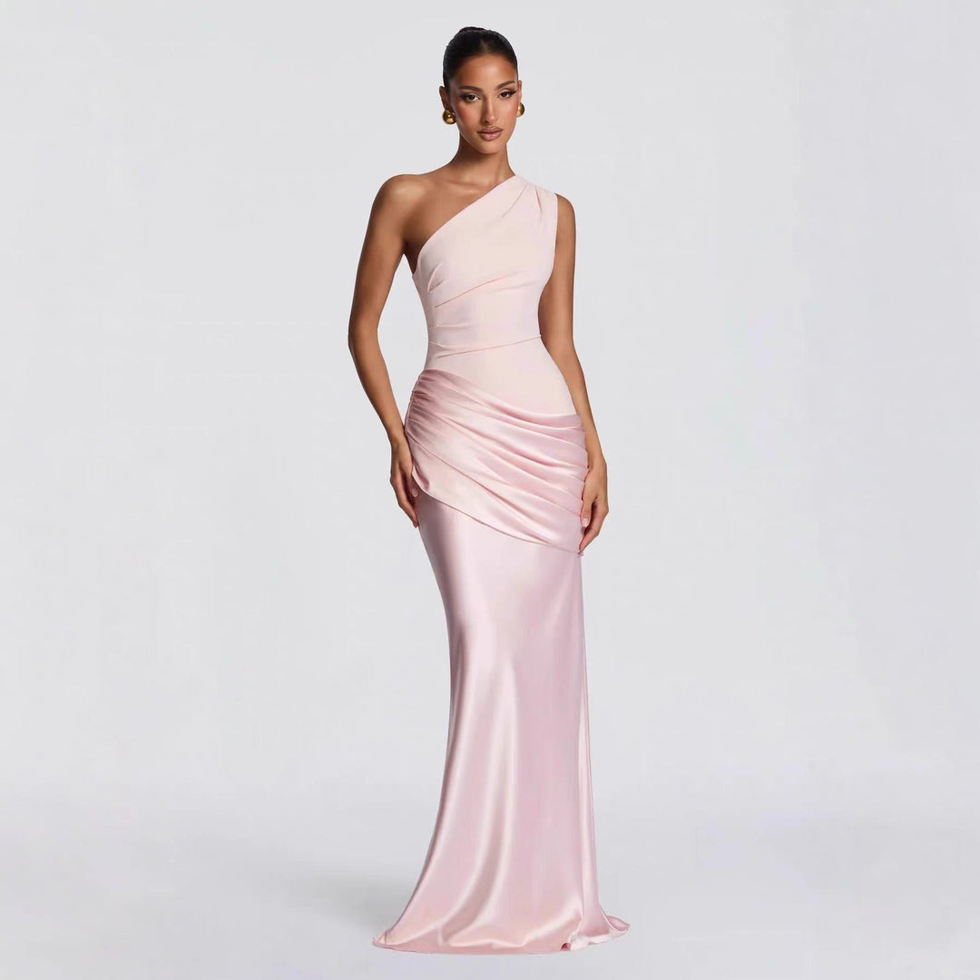 Damen elegantes asymmetrisches Satin-Abendkleid mit Drapé-Design ShopNory