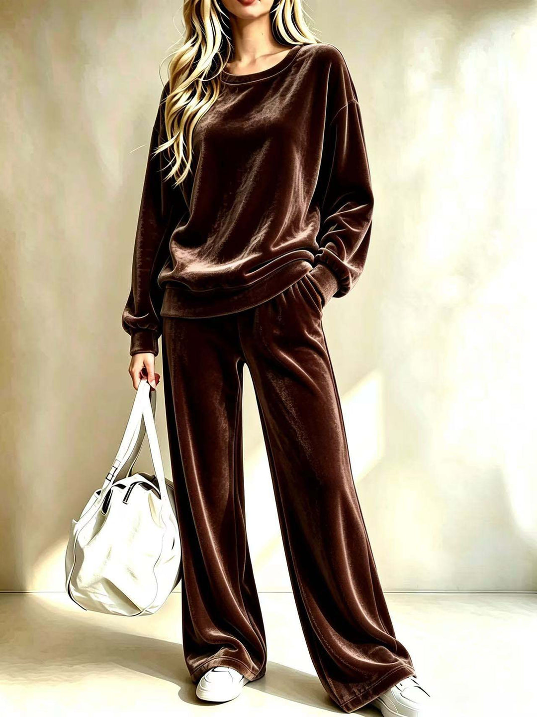 Damen Weiches Velours-Loungewear-Set mit weitem Bein und Rundhalsausschnitt Shop Nory