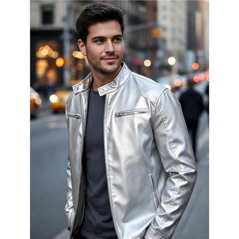 Herren Biker‑Style Kunstlederjacke mit Stehkragen und Reißverschlusstaschen Shop Nory