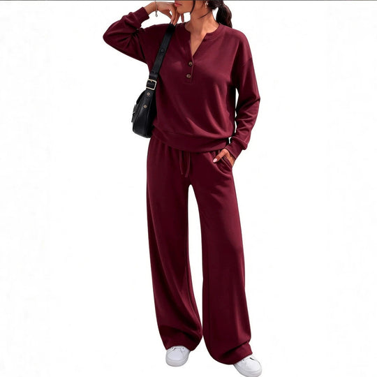 Damen Lounge-Set mit Henley-Kragen und palazzoweiter Jogginghose Shop Nory