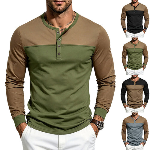 Herren Slim-Fit Henley-Langarmshirt mit Kontrastpaneel und Metallknopfleiste Shop Nory
