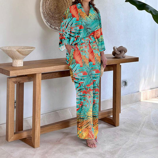 Damen Gemustertes Kimono-Lounge-Set mit weitem Palazzohose aus leichtem Viskose-Mix Shop Nory
