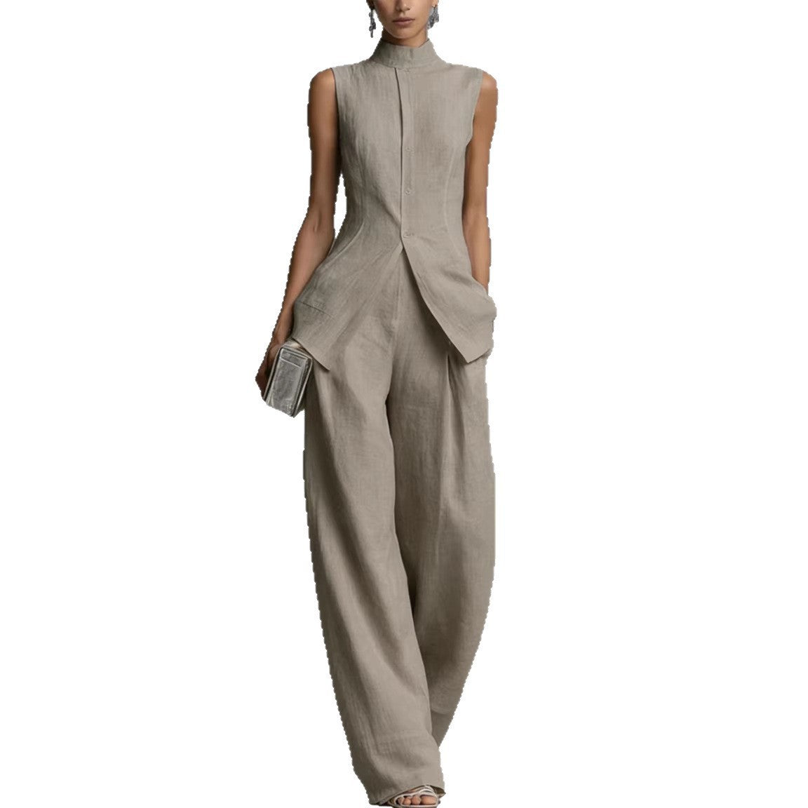 Damen Eleganter suit mit hochgeschlossenem Kragen und weitem Bein