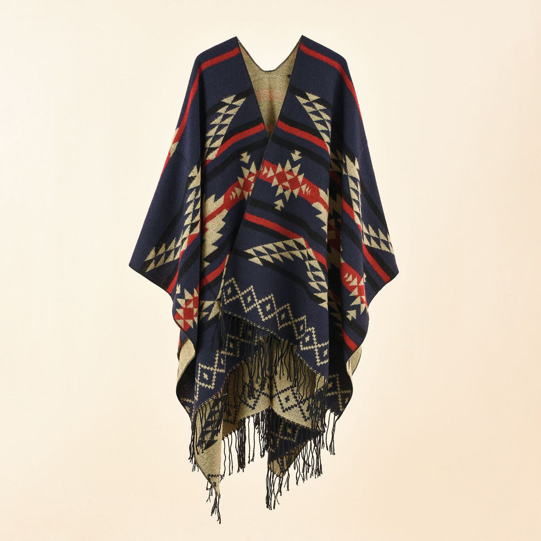 Damen Oversize-Ruana im grafischen Jacquard mit kontrastierter Innenseite und Fransensaum Shop Nory