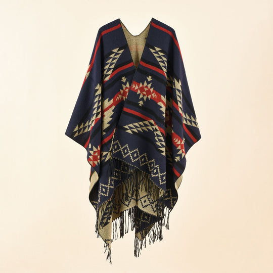 Damen Oversize-Ruana im grafischen Jacquard mit kontrastierter Innenseite und Fransensaum Shop Nory