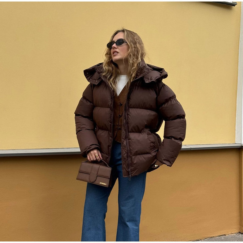 Damen Gefütterte Oversize-Steppjacke mit Volumenärmeln und abnehmbarem Kapuzenkragen Shop Nory
