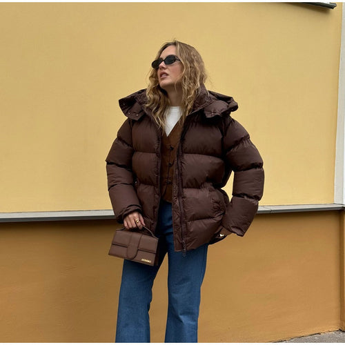 Damen Gefütterte Oversize-Steppjacke mit Volumenärmeln und abnehmbarem Kapuzenkragen Shop Nory
