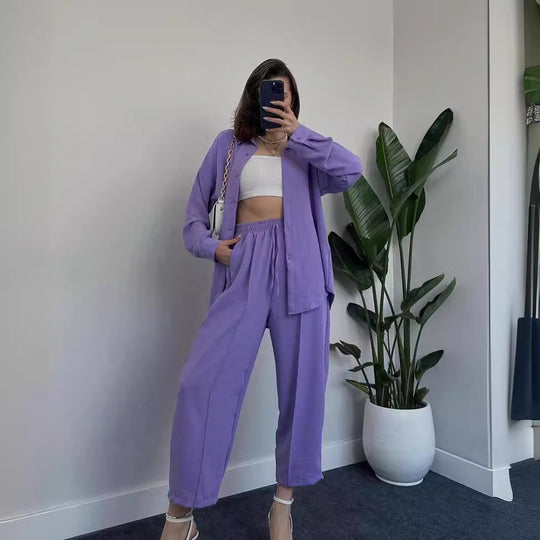 Damen Lässiges zweiteiliges Lounge-Set aus Crêpe mit Oversize-Hemd und hohem Elastikbund Shop Nory