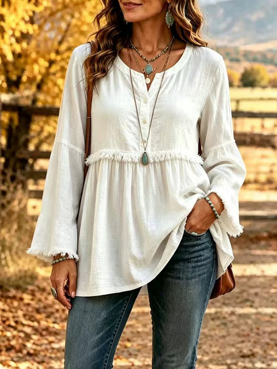 Damen Fransen-Tunika-Bluse mit V-Ausschnitt und Glockenärmeln Shop Nory