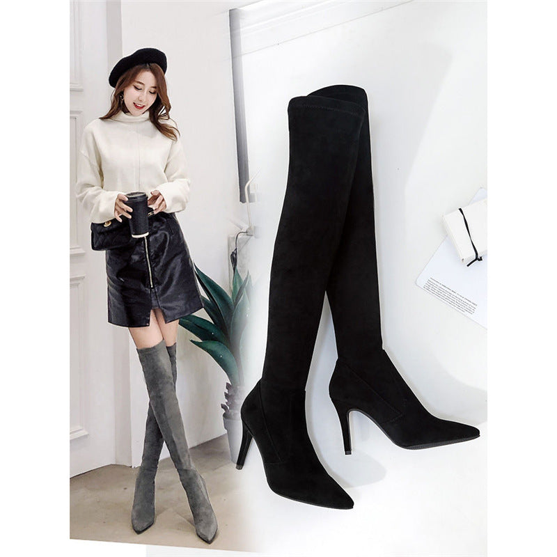 Damen Oberschenkelhohe Stretch-Stiefel mit spitzer Zehenform und geformtem Stiletto-Absatz Shop Nory