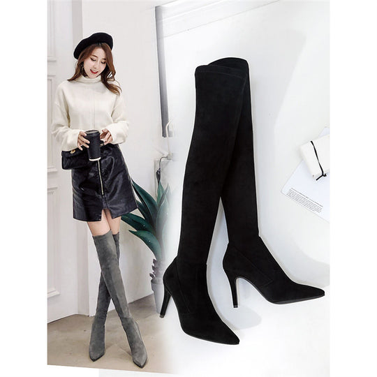 Damen Oberschenkelhohe Stretch-Stiefel mit spitzer Zehenform und geformtem Stiletto-Absatz Shop Nory