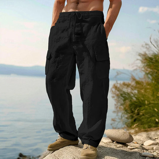 Herren weite Casual-Cargohose aus Leinen-Baumwollmix mit Elastikbund, Tunnelzug und großen Pattentaschen Shop Nory