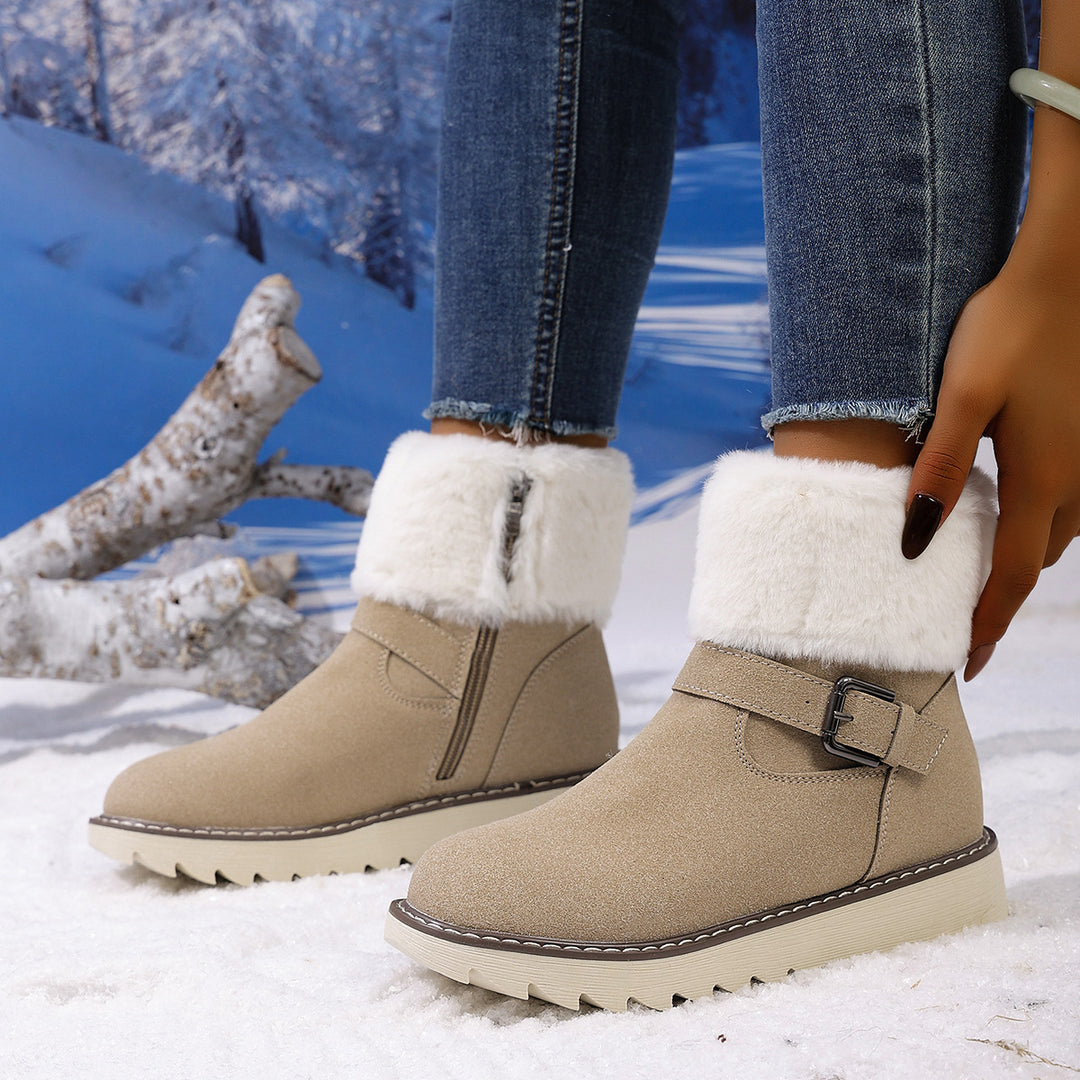 Damen Gefütterte Kurzstiefelette mit Kunstfellkragen, Velours‑Optik und Zierschnalle Shop Nory