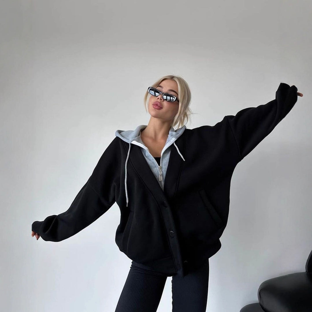 Damen Oversized Kapuzenjacke mit Druckknopfverschluss und Eingrifftaschen Shop Nory
