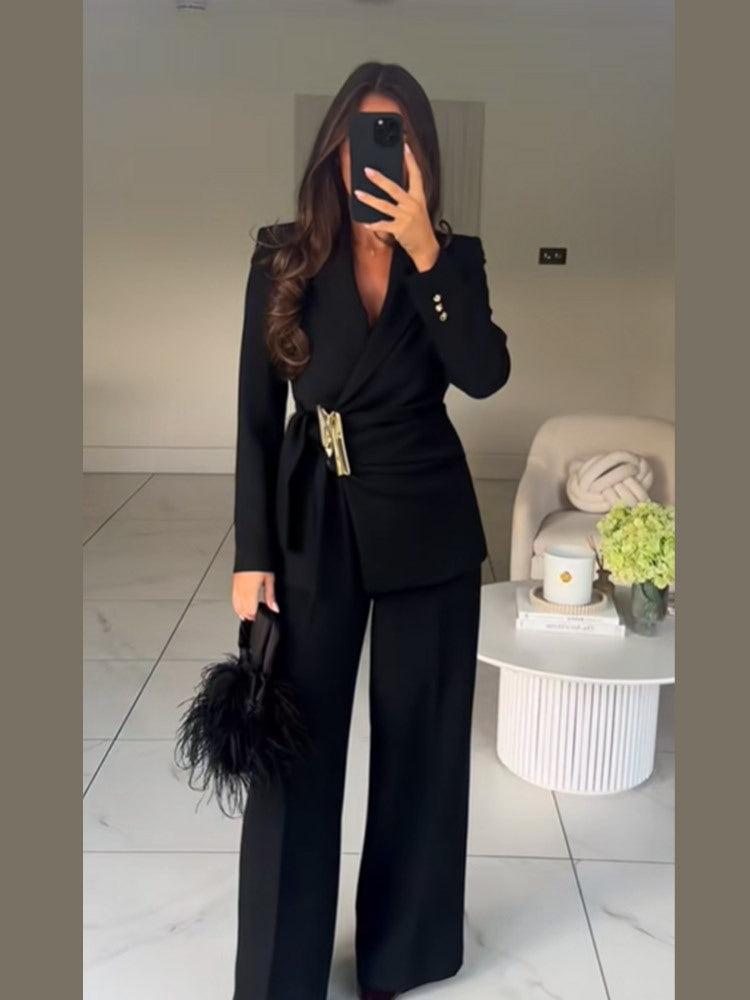 Damen Taillierter Wickel-Blazer mit Zier-Metallschließe & High‑Waist Palazzo‑Hose Shop Nory