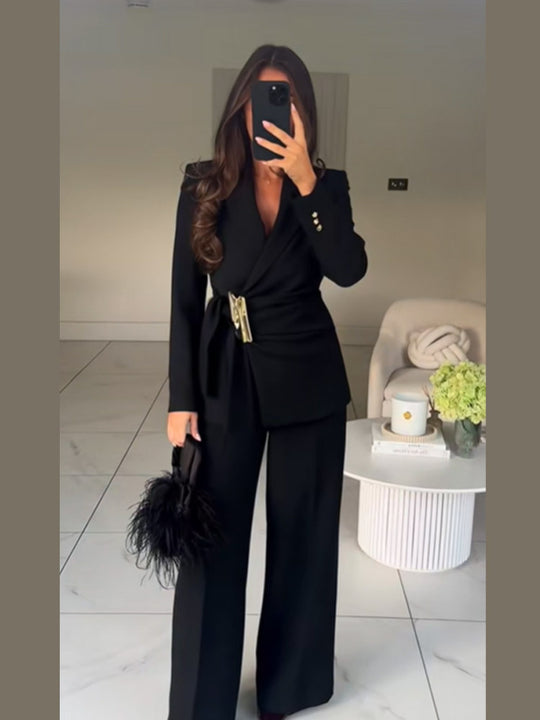 Damen Taillierter Wickel-Blazer mit Zier-Metallschließe & High‑Waist Palazzo‑Hose Shop Nory