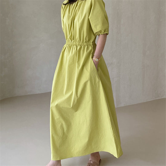 Damen Fließendes Baumwoll-Maxi-Sommerkleid mit elastischem Taillenbund, Puffärmeln und Eingrifftaschen Shop Nory