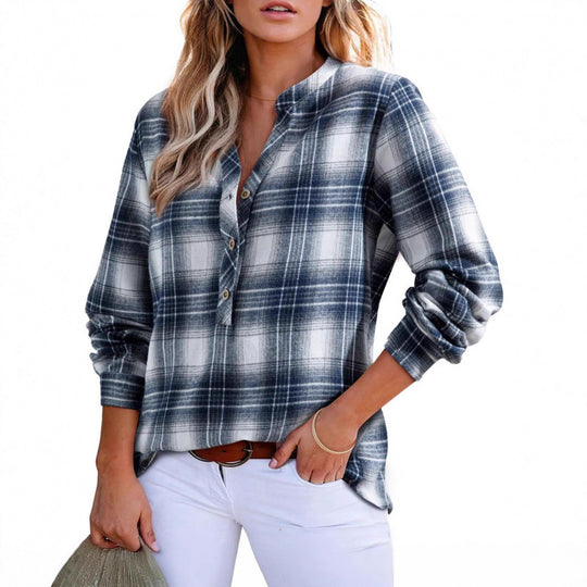 Damen Karo-Bluse im Oversize-Look mit V-Ausschnitt Knopfleiste und gerundetem Saum Shop Nory