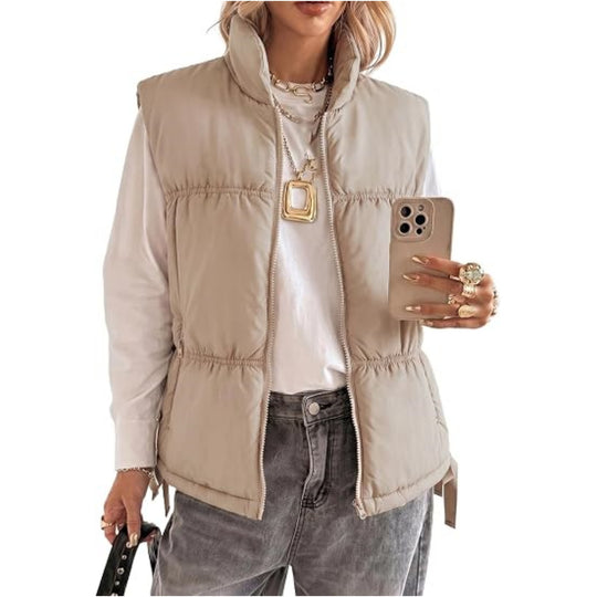 Damen Wattierte Ärmellose Weste mit Stehkragen und Kordelzug Shop Nory