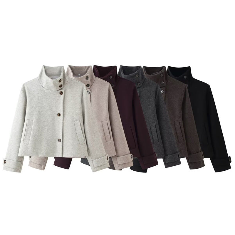 Damen kurze Boxy-Wolljacke mit Stehkragen und Manschetten Shop Nory