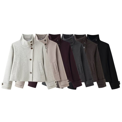 Damen kurze Boxy-Wolljacke mit Stehkragen und Manschetten Shop Nory