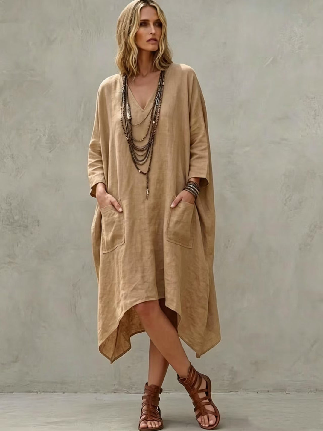 Damen nan Oversize Kaftankleid mit V-Ausschnitt, Eingrifftaschen und asymmetrischem Saum Shop Nory