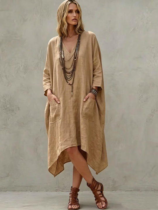 Damen nan Oversize Kaftankleid mit V-Ausschnitt, Eingrifftaschen und asymmetrischem Saum Shop Nory
