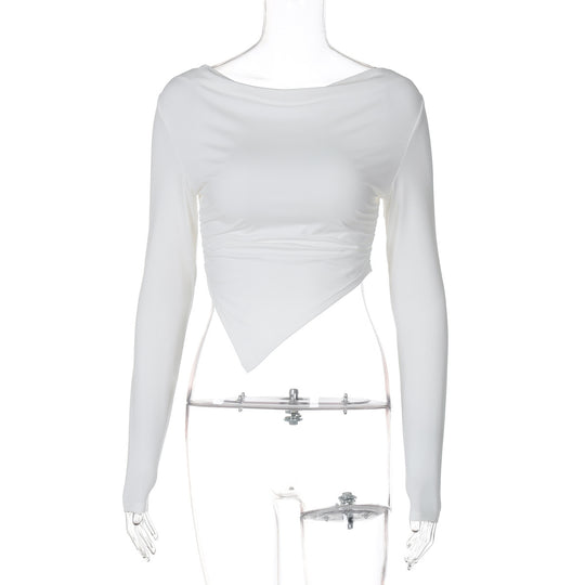 Damen nan asymmetrisches langärmeliges Cropped-Top mit drapiertem Ausschnitt, seitlicher Raffung und spitzem Saum Shop Nory