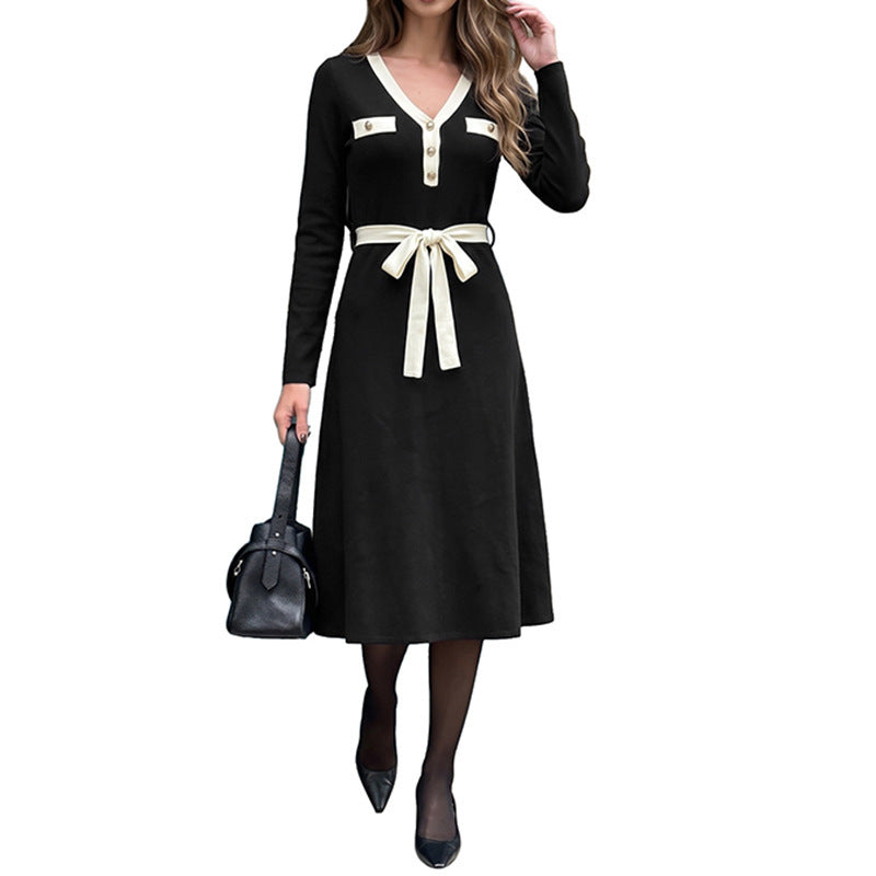 Damen Elegantes Langarmkleid mit Taillengürtel Shop Nory
