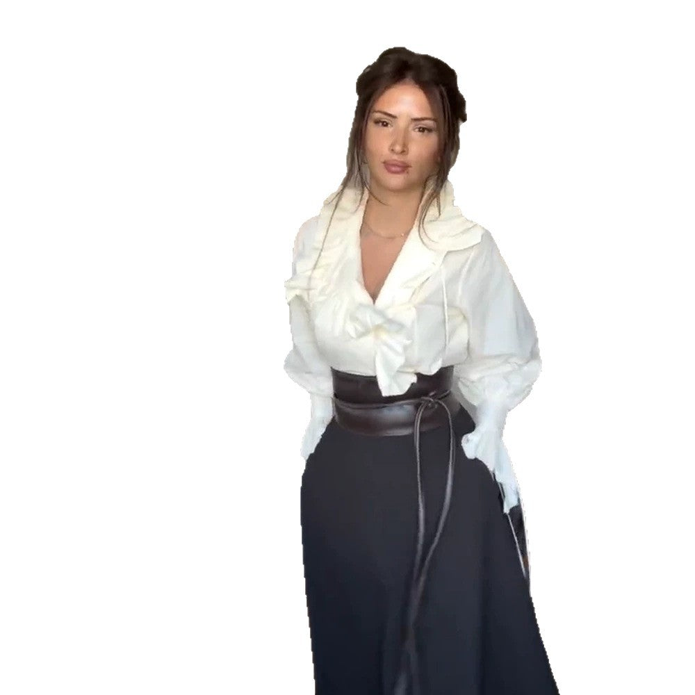 Damen Rüschenbluse mit voluminösem Volantkragen und Kordelzügen Shop Nory