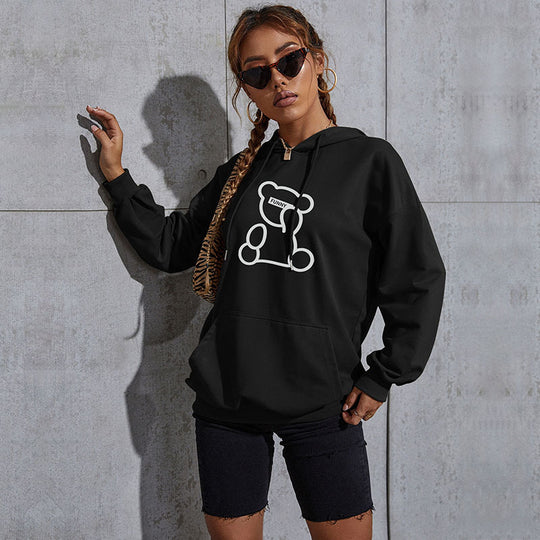 Damen Oversize-Kapuzenpullover mit Teddy-Grafik, Kängurutasche und Tunnelzug Shop Nory