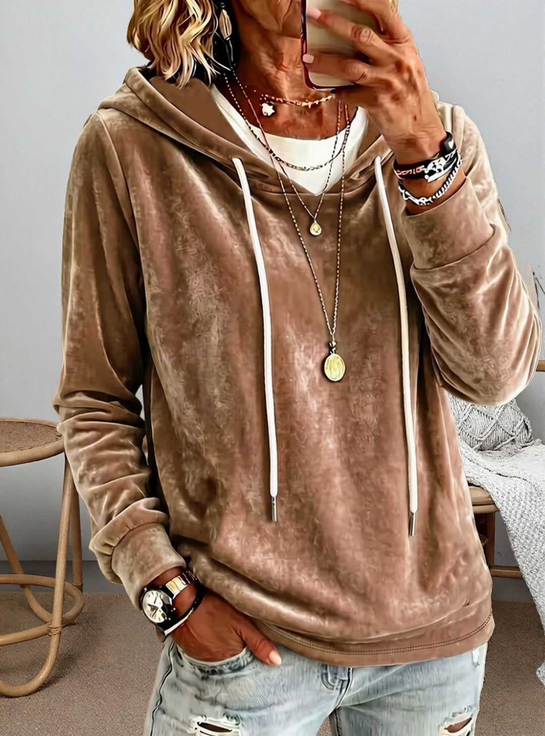 Damen Samtvelours-Hoodie mit Kordelzug und lässiger Oversize-Passform Shop Nory