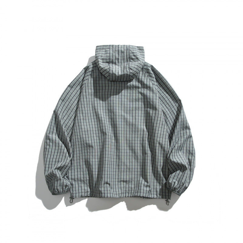 Unisex Leichte Kariert Windbreaker-Jacke mit Kapuze, Raglanärmeln und Kordelzug Shop Nory