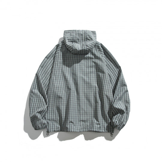 Unisex Leichte Kariert Windbreaker-Jacke mit Kapuze, Raglanärmeln und Kordelzug Shop Nory