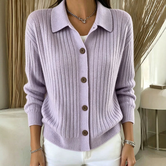 Damen Feiner gerippter Knopf‑Cardigan mit Hemdkragen und kastiger Silhouette Shop Nory