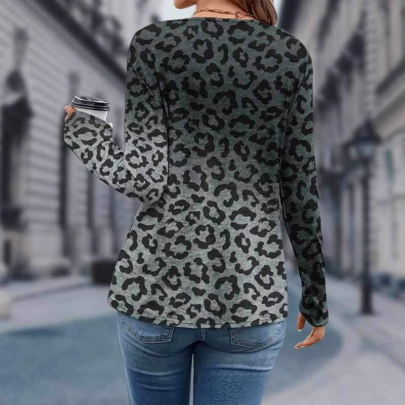 Damen V-Ausschnitt Langarmoberteil mit Ombre-Leo-Muster und lässiger Passform Shop Nory