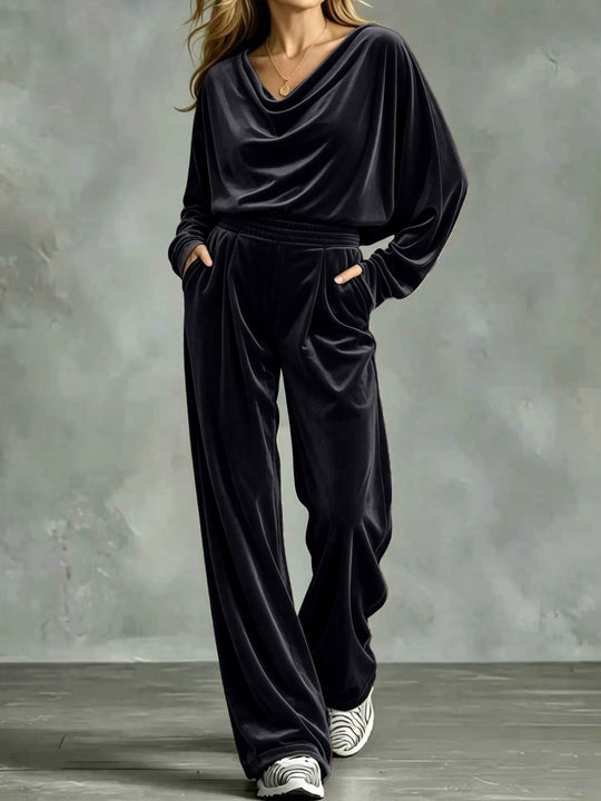 Damen Samt-Loungewear-Set mit Wasserfallkragen, weitem Palazzo-Schnitt und Eingrifftaschen Shop Nory