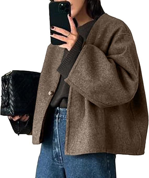 Damen Kurz geschnittene Oversize Wolljacke mit kastigem Schnitt und Ein-Knopf-Verschluss Shop Nory