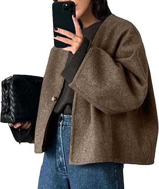 Damen Kurz geschnittene Oversize Wolljacke mit kastigem Schnitt und Ein-Knopf-Verschluss Shop Nory