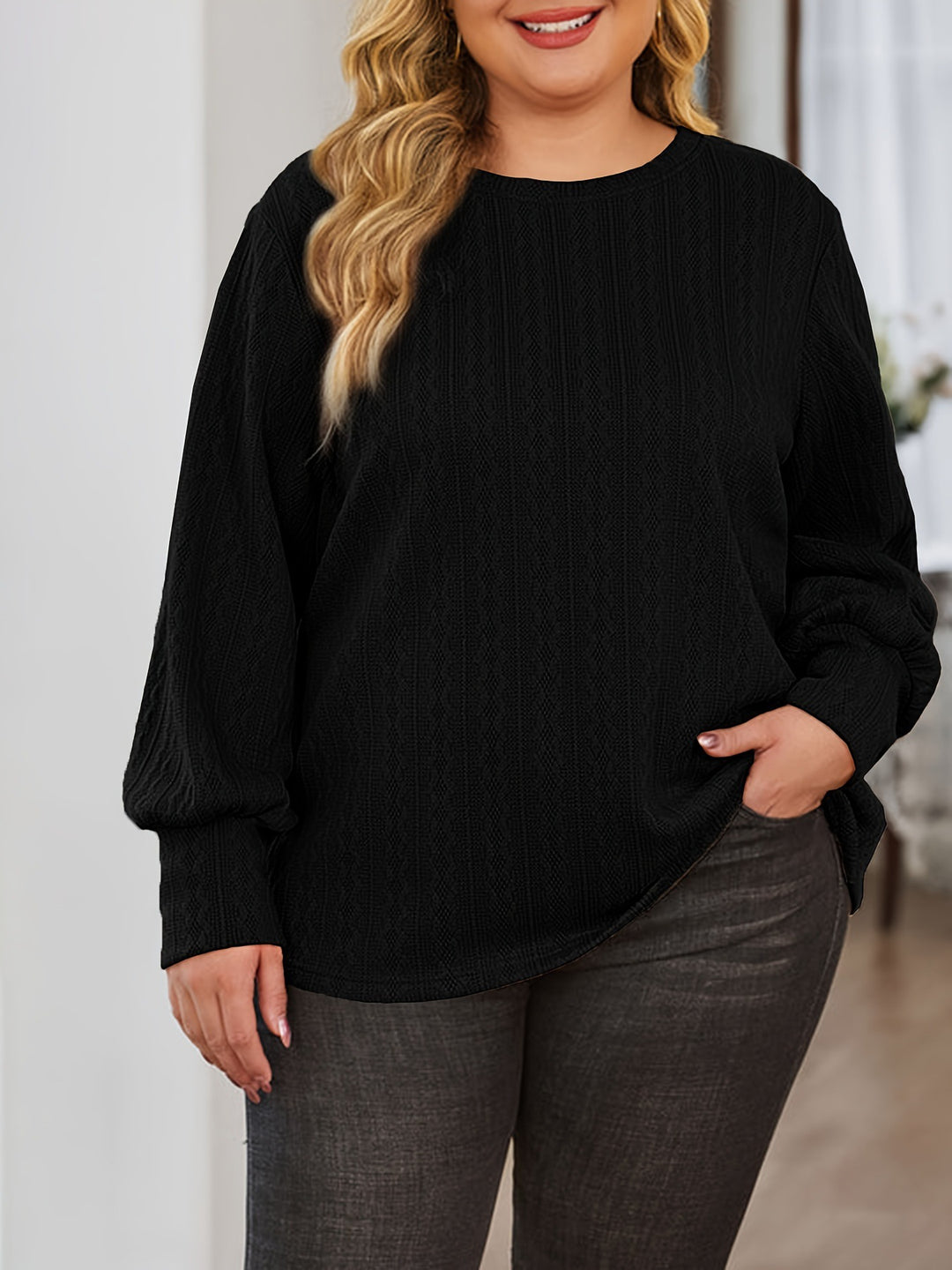Damen Texturierter Oversize-Strickpullover mit Rundhalsausschnitt und Ballonärmeln Shop Nory