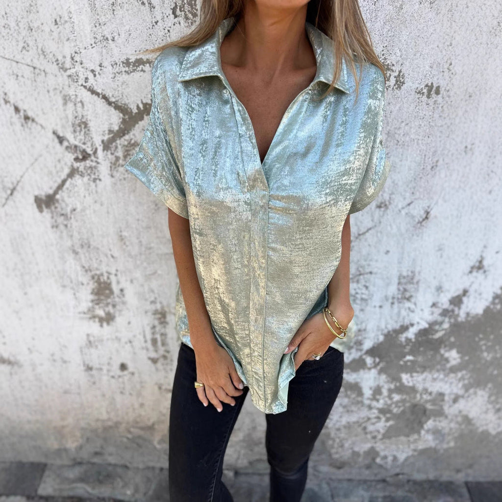 Damen Elegante und lässige Satinbluse mit kurzen Ärmeln
